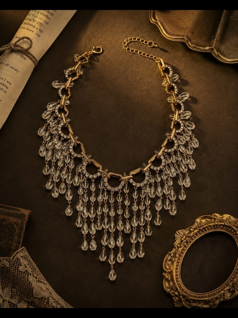 Gold Crystal Fringe Necklace - Women Jewelry